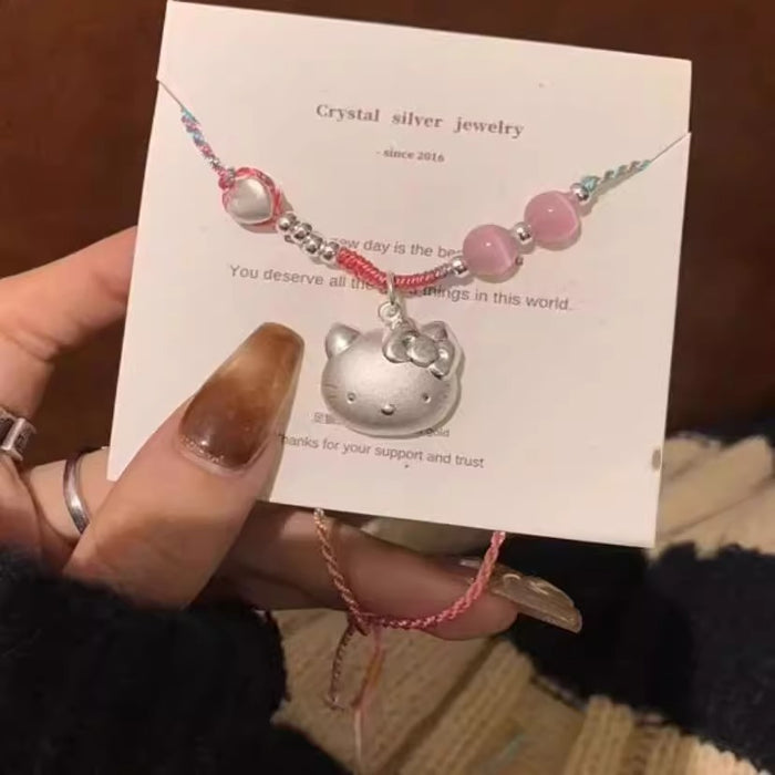 Wholesale Cat Head Peach Blossom Rope Necklace Pendant for Women