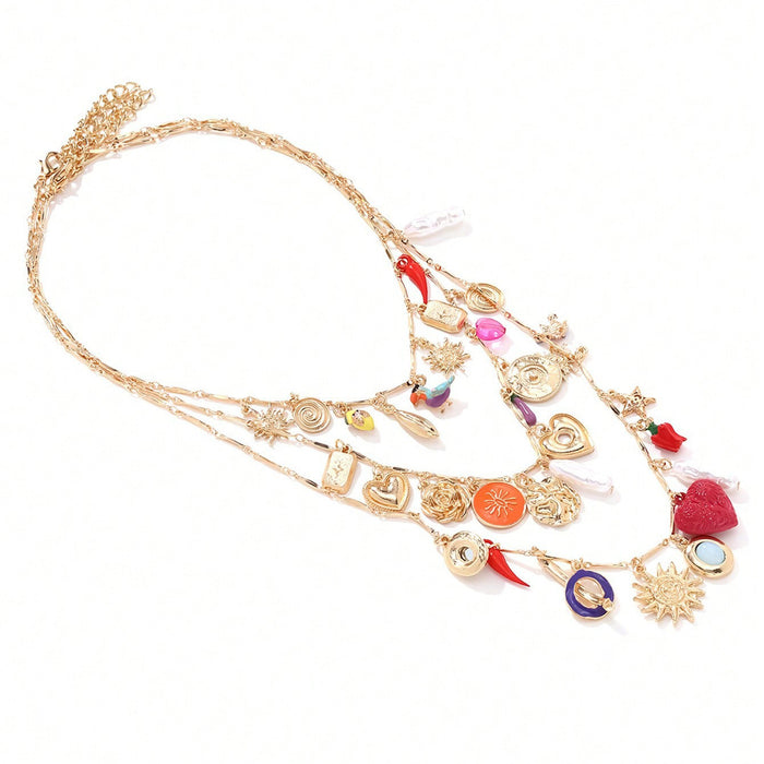 Wholesale Bohemian Heart Bird Pearl Multi-Layer Necklace