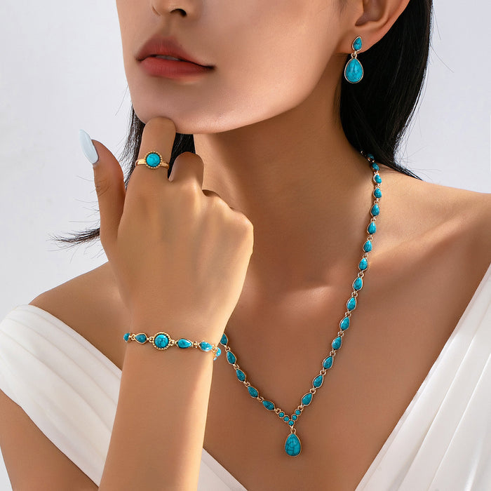 Wholesale Retro French Teardrop Imitation Turquoise Jewelry Set For Women Earrings Necklace Bracelet Party Wear Gift Trendy Accessory