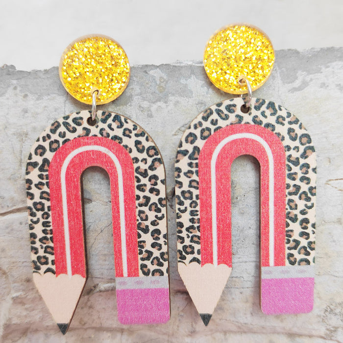 Wholesale 2 Pairs/Pack Wooden Printing Pencil U Shape Leopard Print Color Matching Earrings JDC-ES-HeYi072