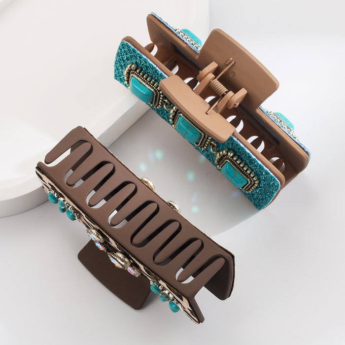 Wholesale Ancient Silver Alloy Turquoise Accessories Western Style Clip Retro Leopard Print Sequin Leather Fashion Back Head Clip