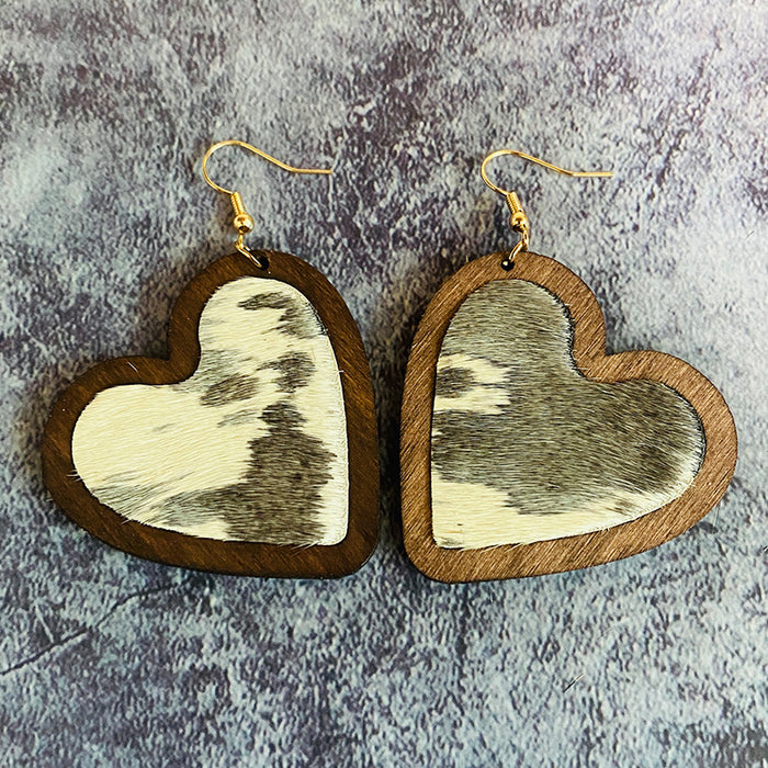 Wholesale  Valentine' s Day Genuine Leather Earrings Love Leopard Horse Hair Inlaid Wooden Earrings
