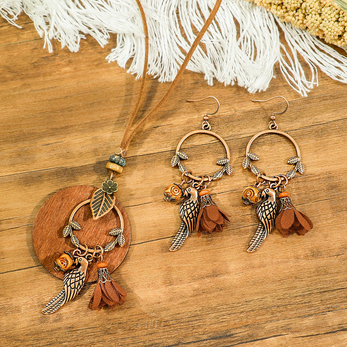 Wholesale Bohemian Dreamcatcher Tassel Earrings and Wooden Pendant Necklace Set