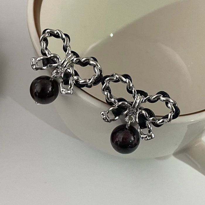 Wholesale Metal Leather Cord Black Pearl Bow Earrings JDC-ES-LuY001