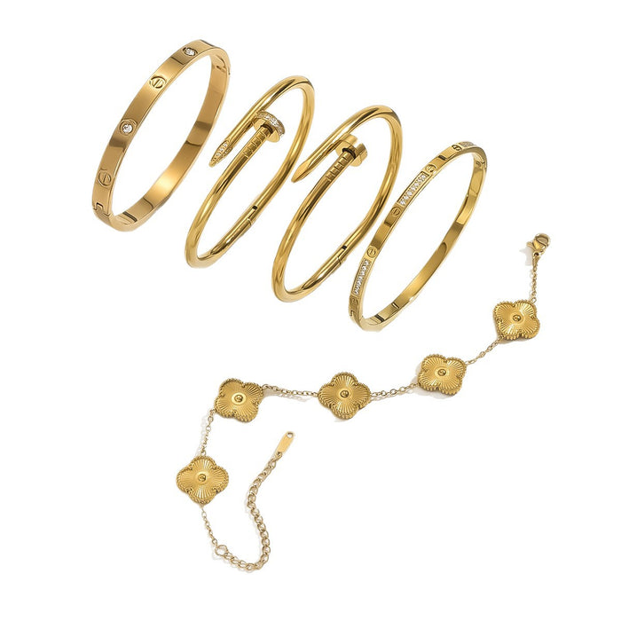Wholesale Stylish Gold Bangle With Rhinestone Row Titanium Steel Bracelet Jewelry Accessory For Party Boutique Resale