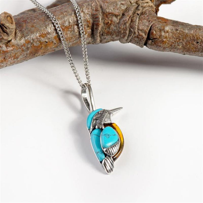 Wholesale Retro silver natural style turquoise bird necklace