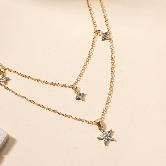 Wholesale New minimalist jewelry alloy diamond studded pentagonal star necklace, personalized flower multi-layer necklace