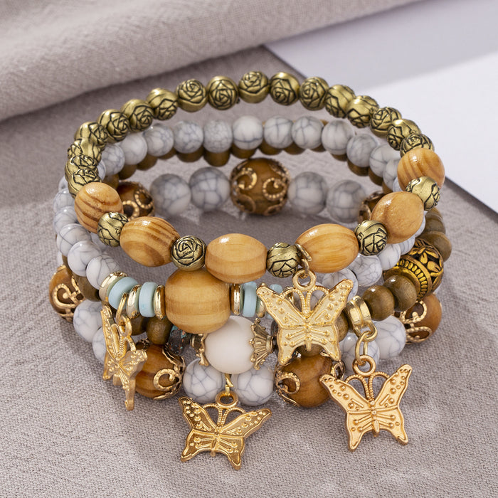 Wholesale Boho Style Multi-Layered Wood Beads Beaded Butterfly Pendant Bracelet JDC-BT-FeiYa006