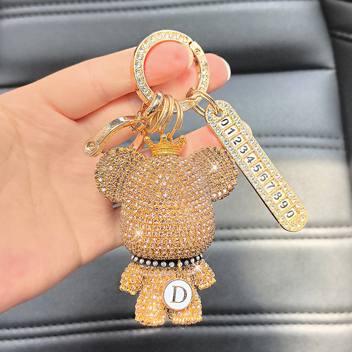 Wholesale Car Keychain Full Diamond Cartoon Big Head Bear Key Chain Letter Cartoon Exquisite Girl Key Pendant Gift