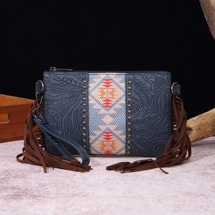 Wholesale Vintage Cotton and Linen Print Western Bohemian Leather Carving Hand Wallet Crossbody Women' s Bag