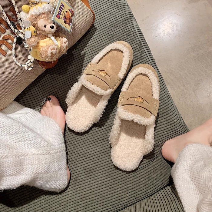 Wholesale  Bean Shoes Lamb Wool Baotou One-Pedal Warm Mao Mao Half Slippers for Outer Wear