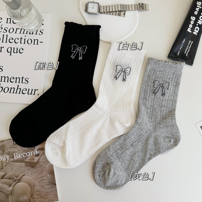 Wholesale Bow gray mid tube socks with mesh ultra-thin women's socks