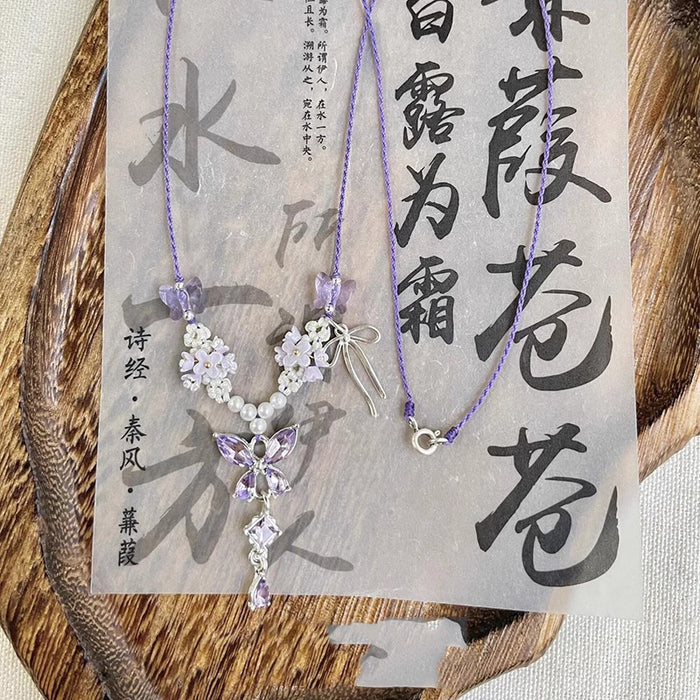 Wholesale Hand-Knitted Purple Flower Butterfly Necklace with Artificial Crystal Lily of the Valley Pendant