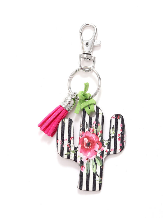 Wholesale Wooden Cactus Leopard Flower Rainbow Sunflower Stripe Print Keychain JDC-KC-YiTian018