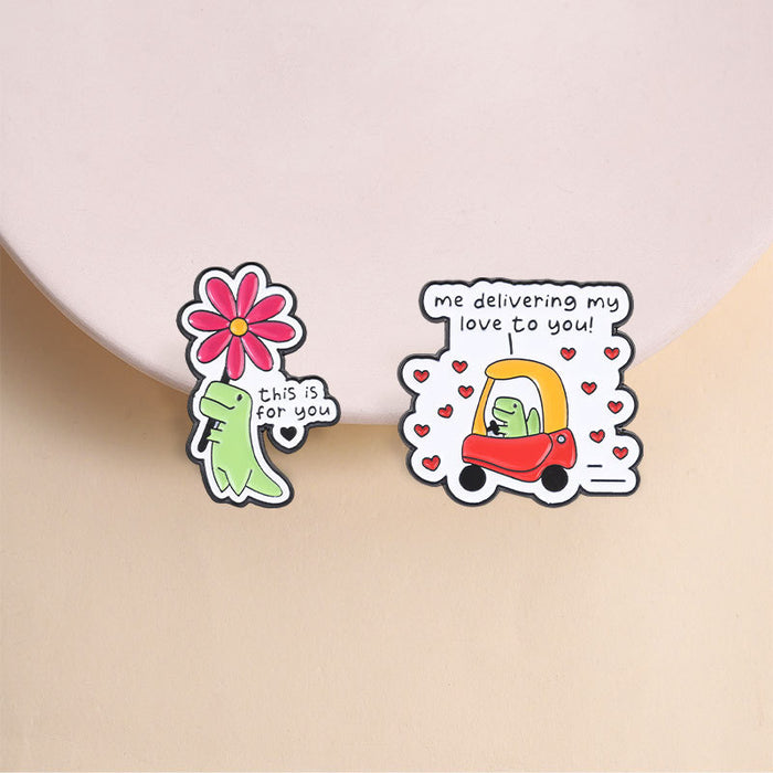 Wholesale Me Delivering My Love Cute Dinosaur Brooch Flowers Design Zinc Alloy Pin