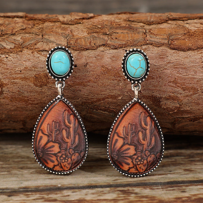 Wholesale Artistic retro ethnic style drop-shaped brown turquoise alloy earrings