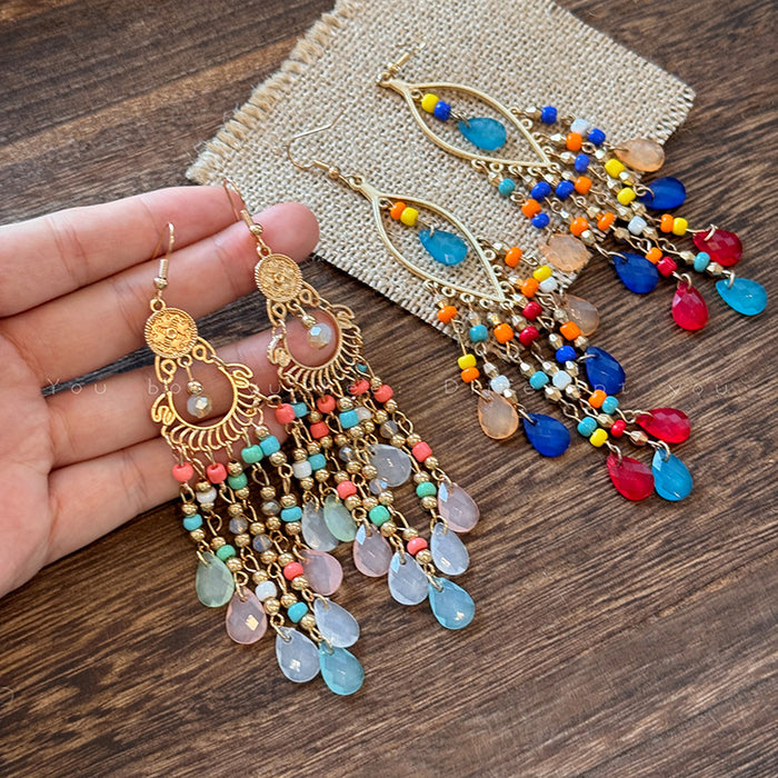 Wholesale Tassel Crystal Beaded Earrings Women's Retro  Ear Hook Ear Jewelry