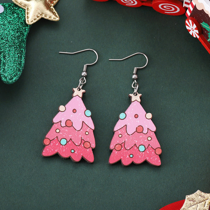 Wholesale Christmas Lantern Bow Pink Christmas Tree Pendant Earrings Wooden Double-sided Earrings Gift