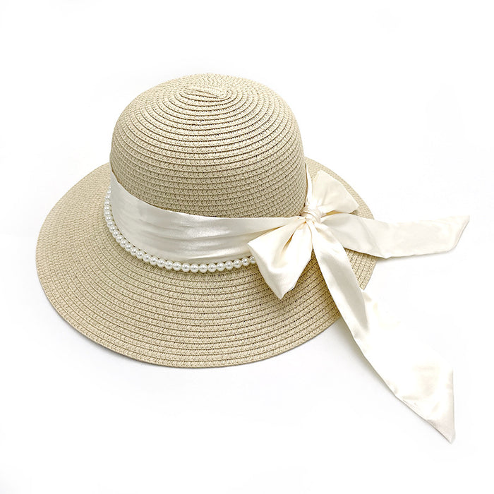 Wholesale Bow Pearl Sun Protection Straw Hat for Women, Summer Sunshade Versatile Hat