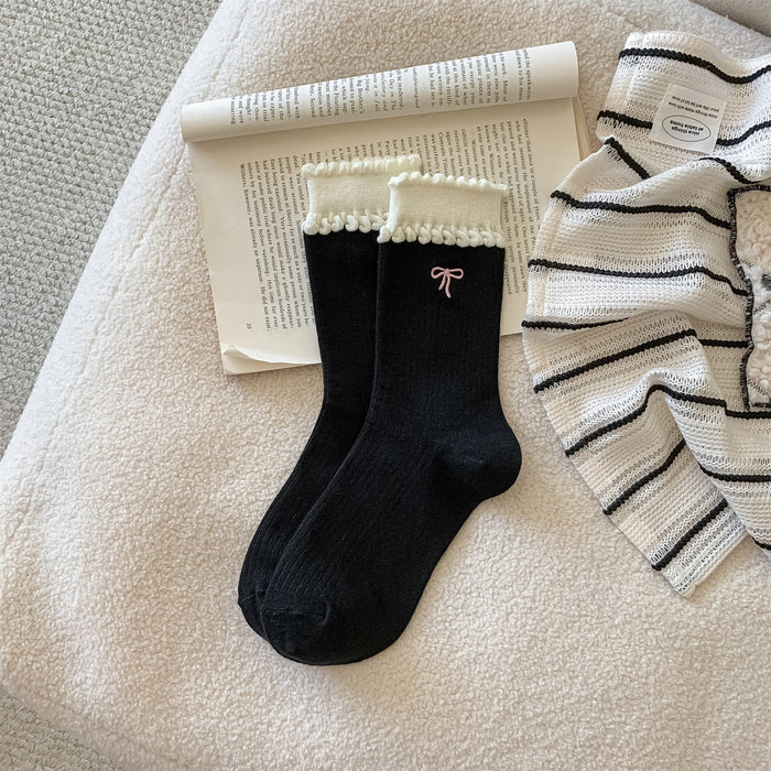 Wholesale New socks with children's embroidery, love heart, women's tube socks, versatile, college style, double-layer lace stacking socks