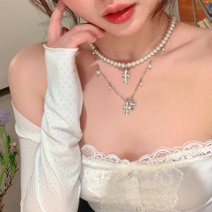 Wholesale Double-Layer Layered Cross and Pearl Choker Necklace