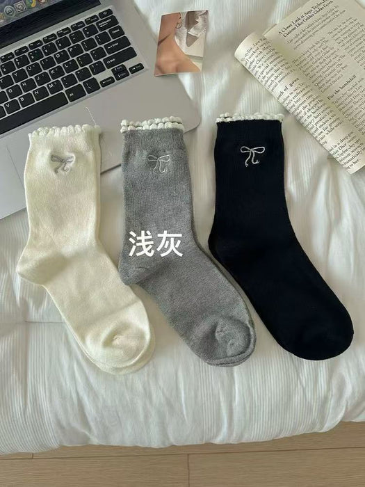 Wholesale Grey lace bow socks, pure cotton mid tube socks, slimming and stacking socks