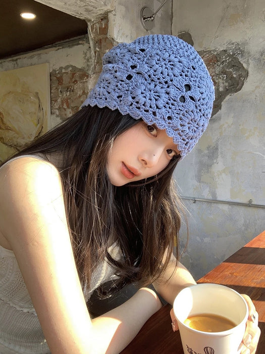 Wholesale Hand woven Baotou hat for women in spring and autumn, thin cut hollow yarn hat, retro artistic knitted hat, pile up hat