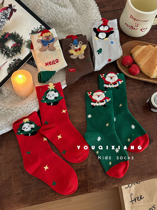 Wholesale Children' s cartoon-patterned red mid-calf socks,  perfect for Christmas and New Year.
