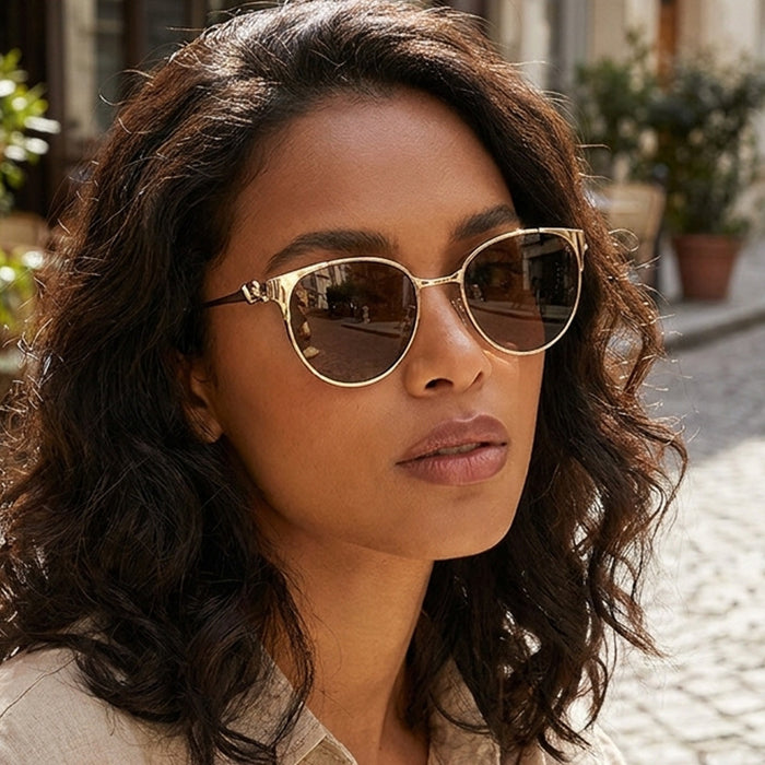 Wholesale Stylish Round Metal Frame Sunglasses for Women Gold Gray Lens UV400 Casual Driving Accessory