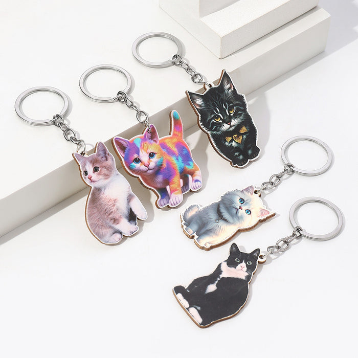 Wholesale Cute Cartoon Kitten Wooden Keychain JDC-KC-RongRui009