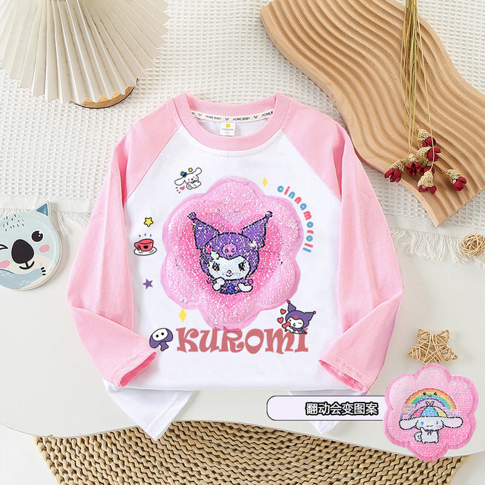 Wholesale Spring and Autumn Girls Cartoon Kuromi Sequin Flip Color Long Sleeve T-shirt Pure Cotton Bottoming Shirt Top Personalized Design JDC-CTS-QNE004