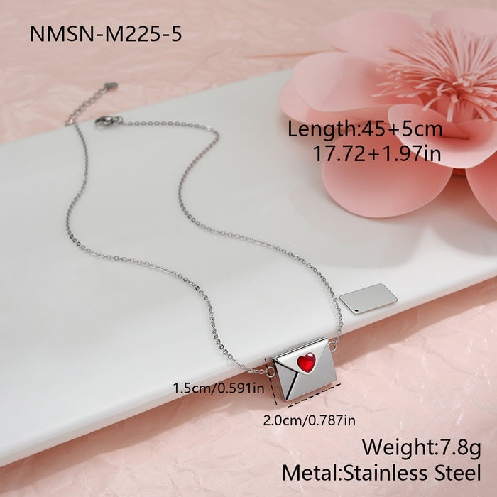 Wholesale Valentine' s Day-themed envelope-shaped stainless steel necklace with heart-shaped elements and rhinestones.