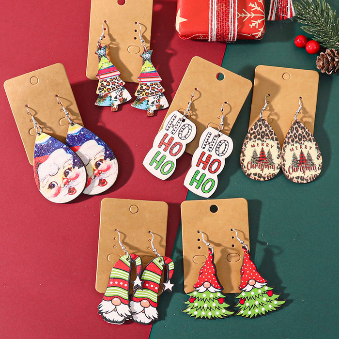 Wholesale Cartoon Christmas element printed wooden earrings for women Christmas tree earrings