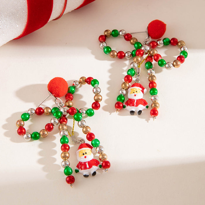Wholesale Color Beaded Bowknot Hair Ball Earrings Creative Santa Pendant Christmas Earrings