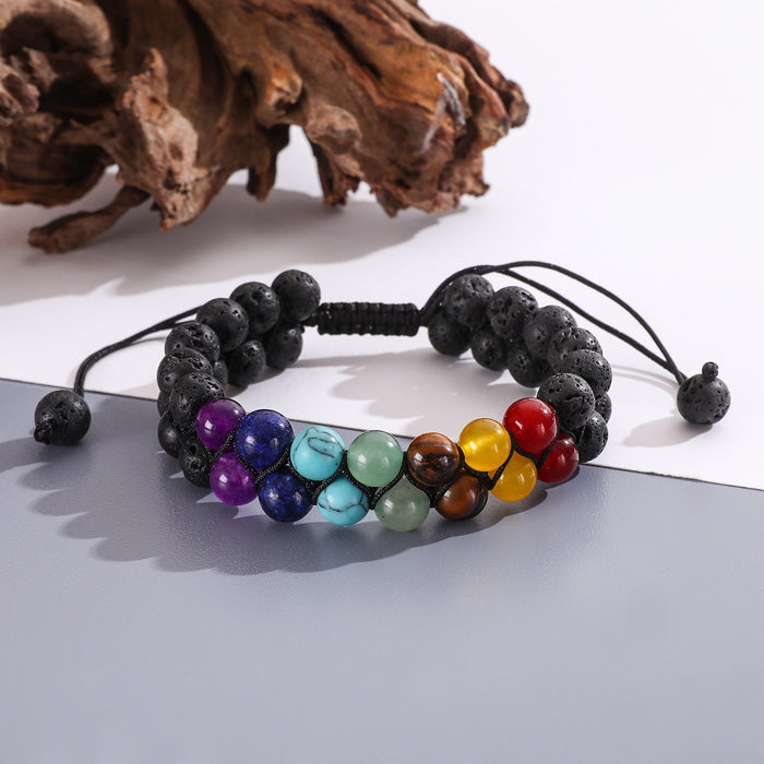 Wholesale Double layered volcanic stone woven adjustable bracelet with hand rope