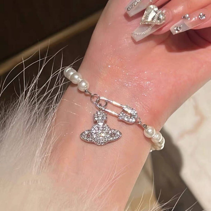 Wholesale Imitation pearl necklace necklace, niche geometric crown, full diamond collarbone chain