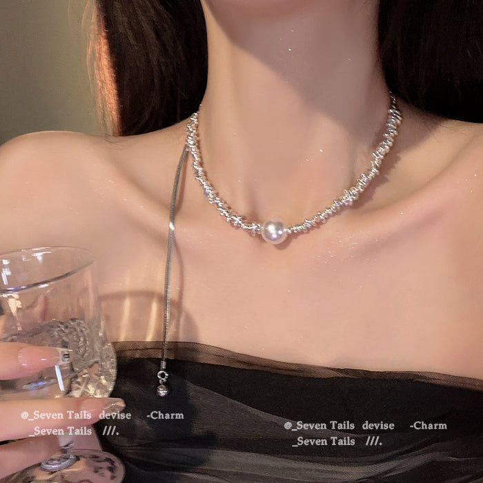 Wholesale Premium pearl necklace, sweater chain, titanium steel not fading, light luxury, niche collarbone chain, neck chain