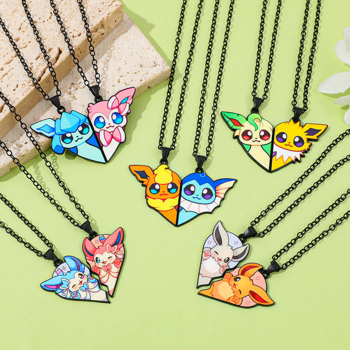 Wholesale 1pair Cartoon Cute Heart Patchwork Pendant Necklace
