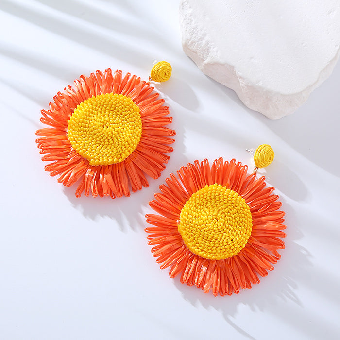 Wholesale Handmade Woven Raffia Sunflower Earrings JDC-ES-HM011