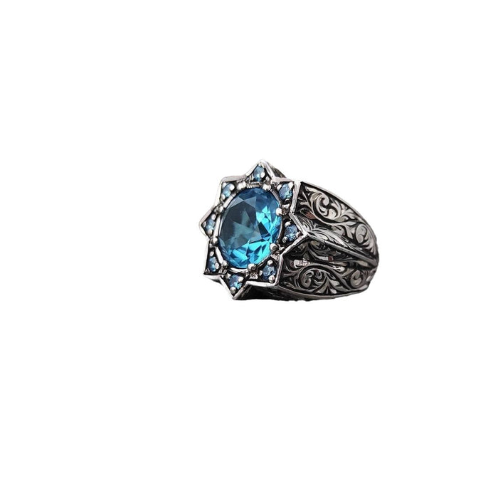 Wholesale retro pattern round sapphire ring eight-star male ring