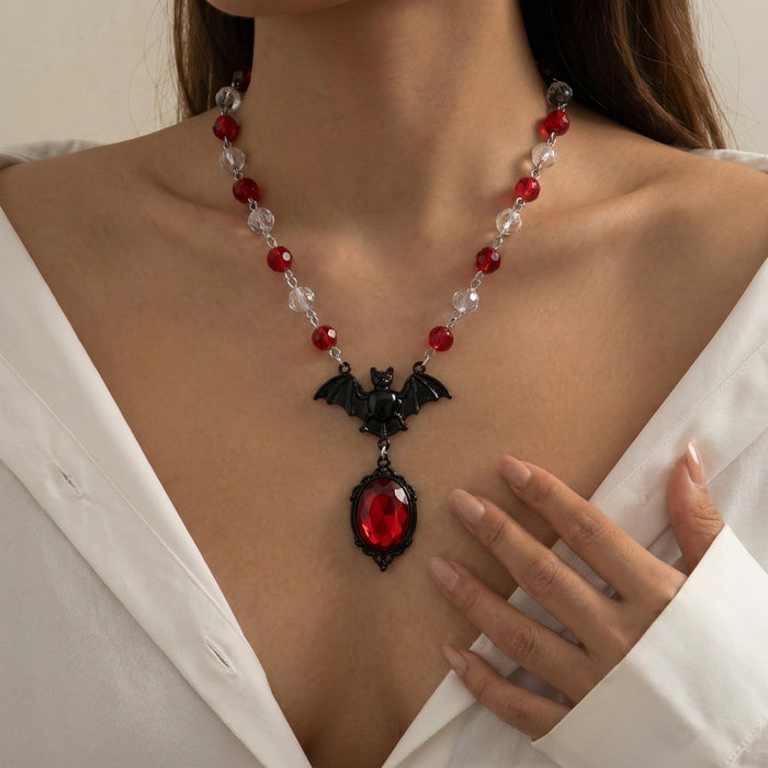 Wholesale Gothic Vampire Bat Necklace Alloy Plated Red Crystal Pendant
