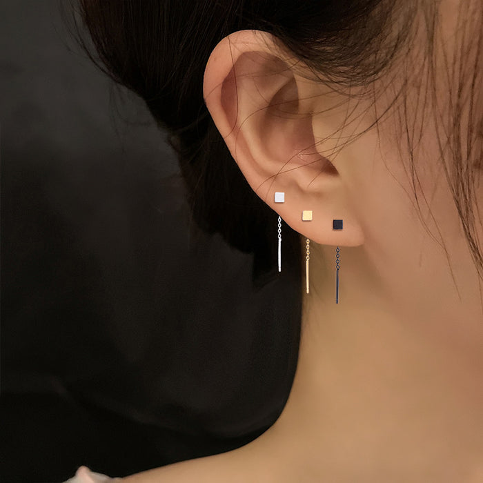 Wholesale Three dimensional geometric earrings, simple and plain style, with elegant ear chain and brushed small square earrings