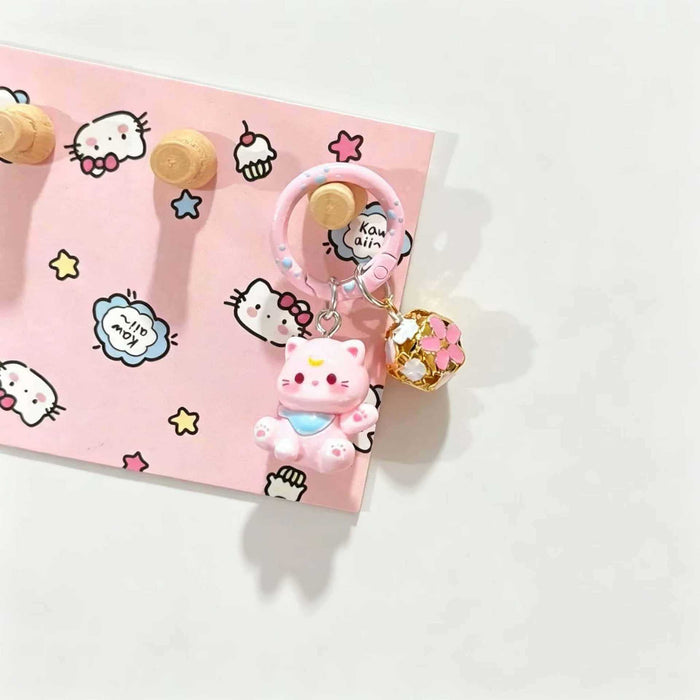 Wholesale Resin Cartoon Kitten Keychain Cute Pink Cat With Bell Bag Charm For Girls Students Gift Accessory