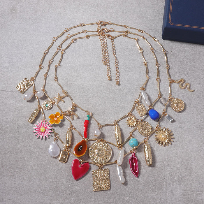 Wholesale Bohemian Fashion Multi-layer Stacked Alloy Sunflower Snake Beach Casual Women's Necklace