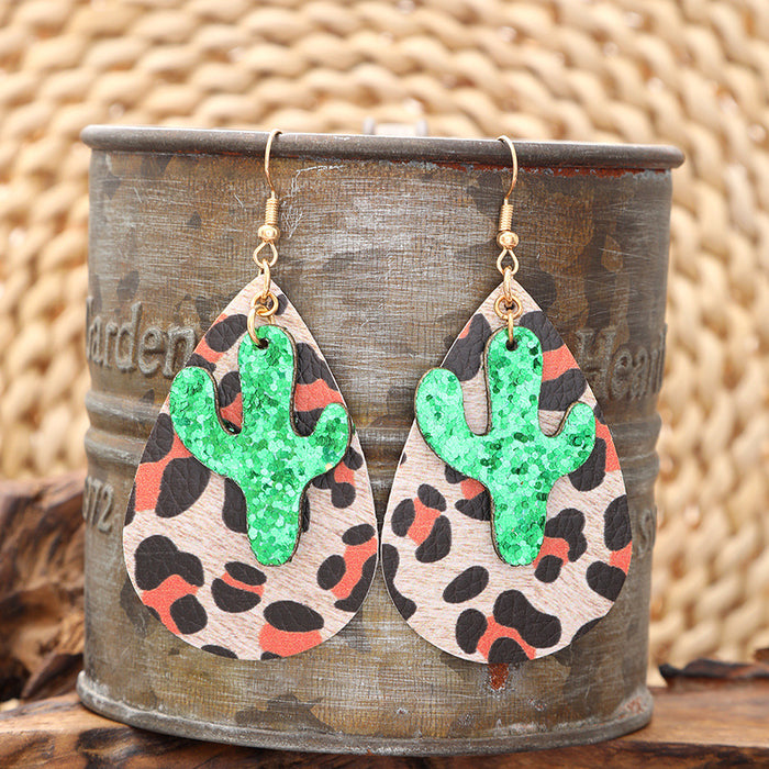 Wholesale Leopard Water Drop Shape Cactus Pendant PU Leather Earrings JDC-ES-YiTian011