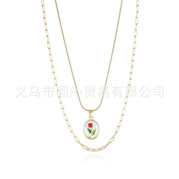 Wholesale Oil Painting Flower Pendant Earrings Necklace Set Versatile Stainless Steel Oil Dripping Double Layer Clavicle Chain