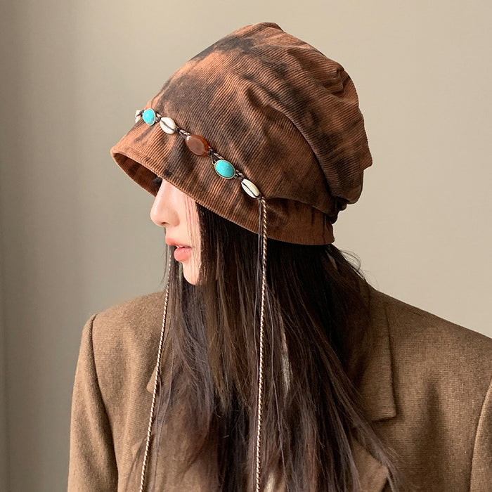 Wholesale Bohemian tie-dye pile hat with tassel beads and all-match windproof cold hat