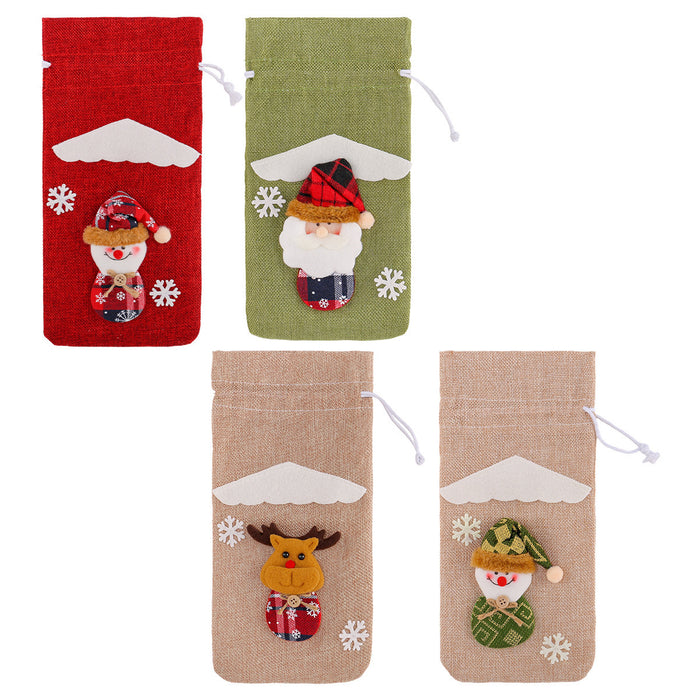 Wholesale Christmas linen old man figurine wine bottle cover holiday hotel dining table cartoon three-dimensional drawstring wine bag