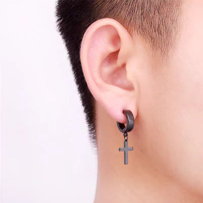 Wholesale Stainless steel cross earrings with niche design, no ear holes, ear clips, cool style, boys' earrings