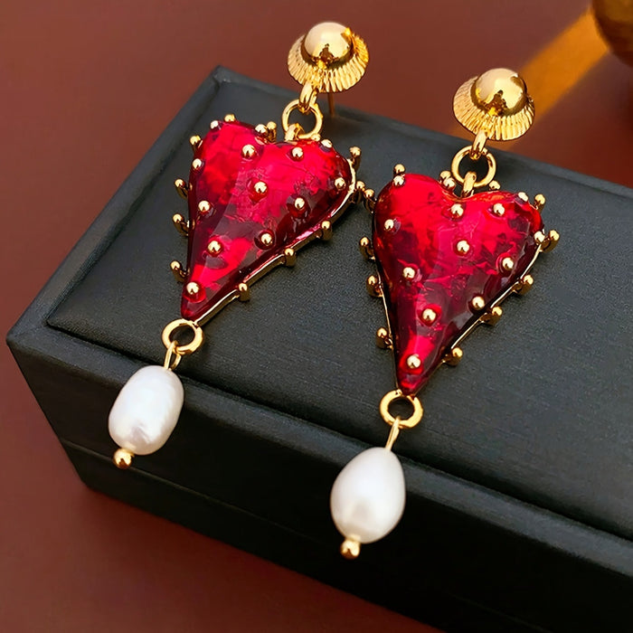 Wholesale Semi-transparent red tassel heart-shaped earrings